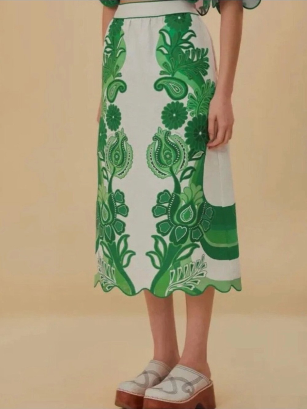 FARM Rio Green & White Floral Midi Festival Skirt - Picture 2 of 3